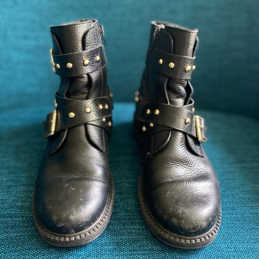 Kurt Geiger Black Ankle Booties with Gold Studs and Buckles